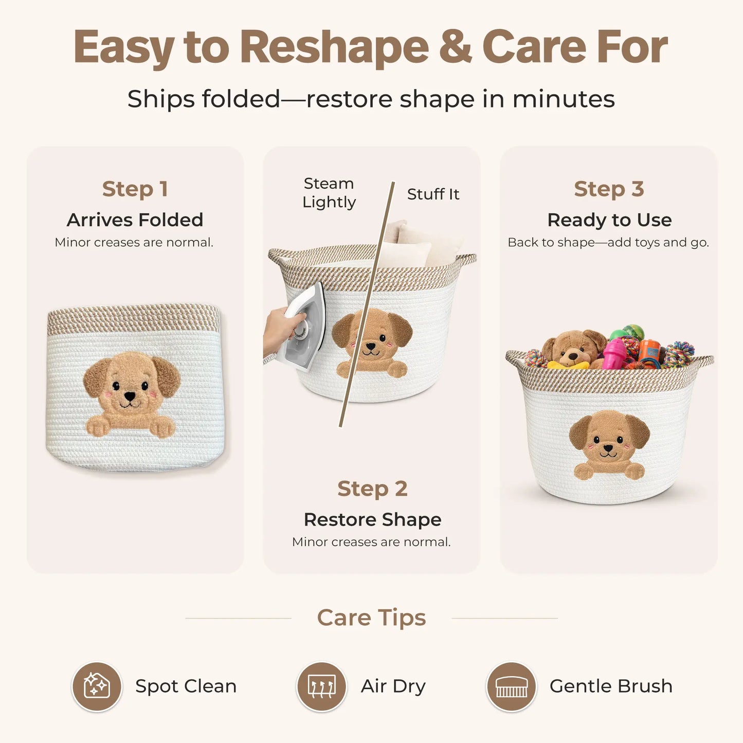 Golden Retriever & Labrador Dog Toy Basket (15”X11”) Large Cotton Rope Storage Bin W/ Puppy Patch + Handles — Organizer for Toys, Chew Bones, Leashes, Blankets, Grooming Supplies — Neutral Beige/White Living Room Decor (All Dogs)