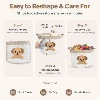 Golden Retriever & Labrador Dog Toy Basket (15”X11”) Large Cotton Rope Storage Bin W/ Puppy Patch + Handles — Organizer for Toys, Chew Bones, Leashes, Blankets, Grooming Supplies — Neutral Beige/White Living Room Decor (All Dogs)