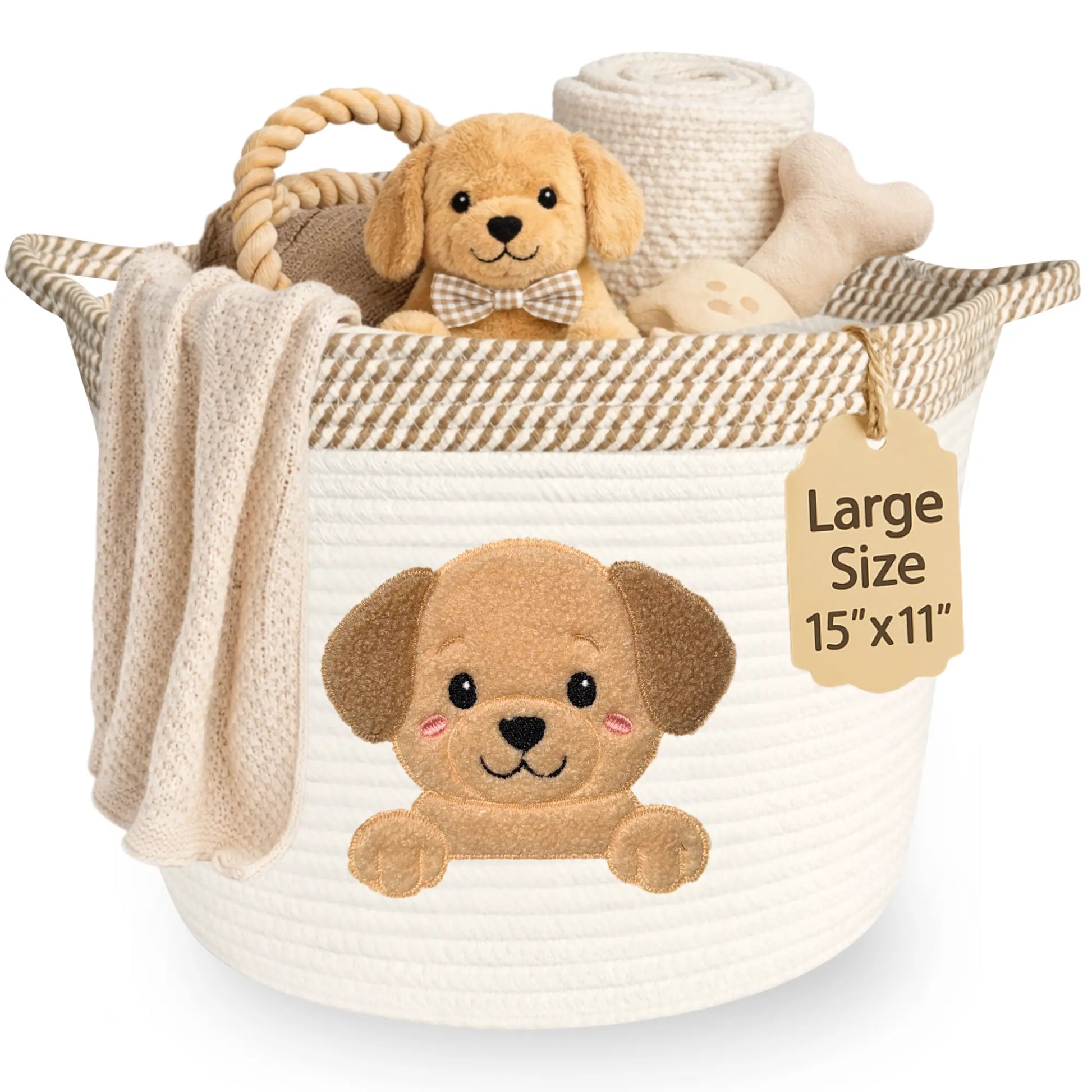 Golden Retriever & Labrador Dog Toy Basket (15”X11”) Large Cotton Rope Storage Bin W/ Puppy Patch + Handles — Organizer for Toys, Chew Bones, Leashes, Blankets, Grooming Supplies — Neutral Beige/White Living Room Decor (All Dogs)