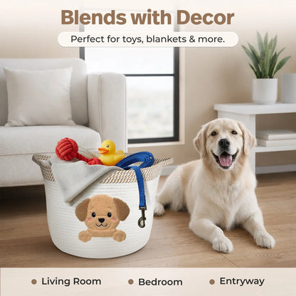 Golden Retriever & Labrador Dog Toy Basket (15”X11”) Large Cotton Rope Storage Bin W/ Puppy Patch + Handles — Organizer for Toys, Chew Bones, Leashes, Blankets, Grooming Supplies — Neutral Beige/White Living Room Decor (All Dogs)