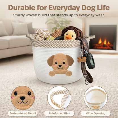 Golden Retriever & Labrador Dog Toy Basket (15”X11”) Large Cotton Rope Storage Bin W/ Puppy Patch + Handles — Organizer for Toys, Chew Bones, Leashes, Blankets, Grooming Supplies — Neutral Beige/White Living Room Decor (All Dogs)